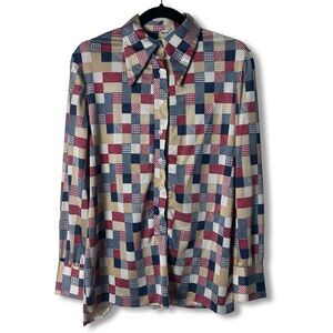 VTG 70s ILGWU Union Patchwork Print Polyester Button Down Blouse Unisex L/XL
